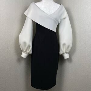 Badgley Mischka Scuba Dress Womens 4 Two Tone Balloon Sleeve Avant Garde‎ Glam